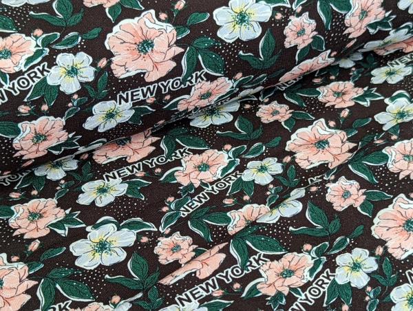 French Terry Everything is possible Blumen auf Dunkelbraun